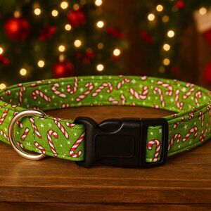Christmas Dog Collar, Green Holiday Pet Collar, Candy Canes Cotton Collar Large